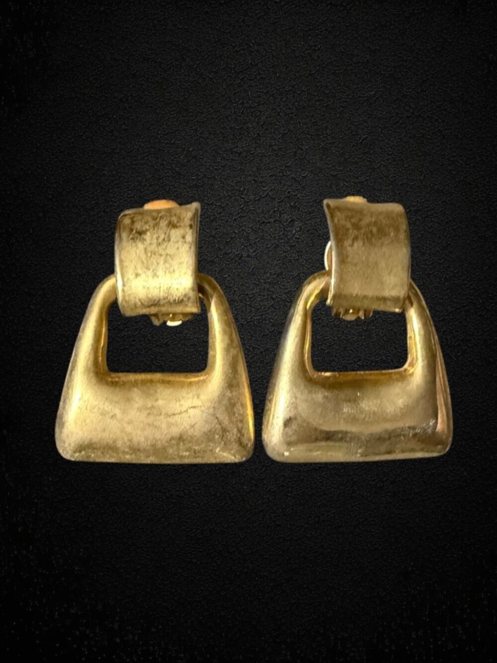 Vintage Gold Tone Door Knocker Clip On Earrings Geometric Statement 80s Retro